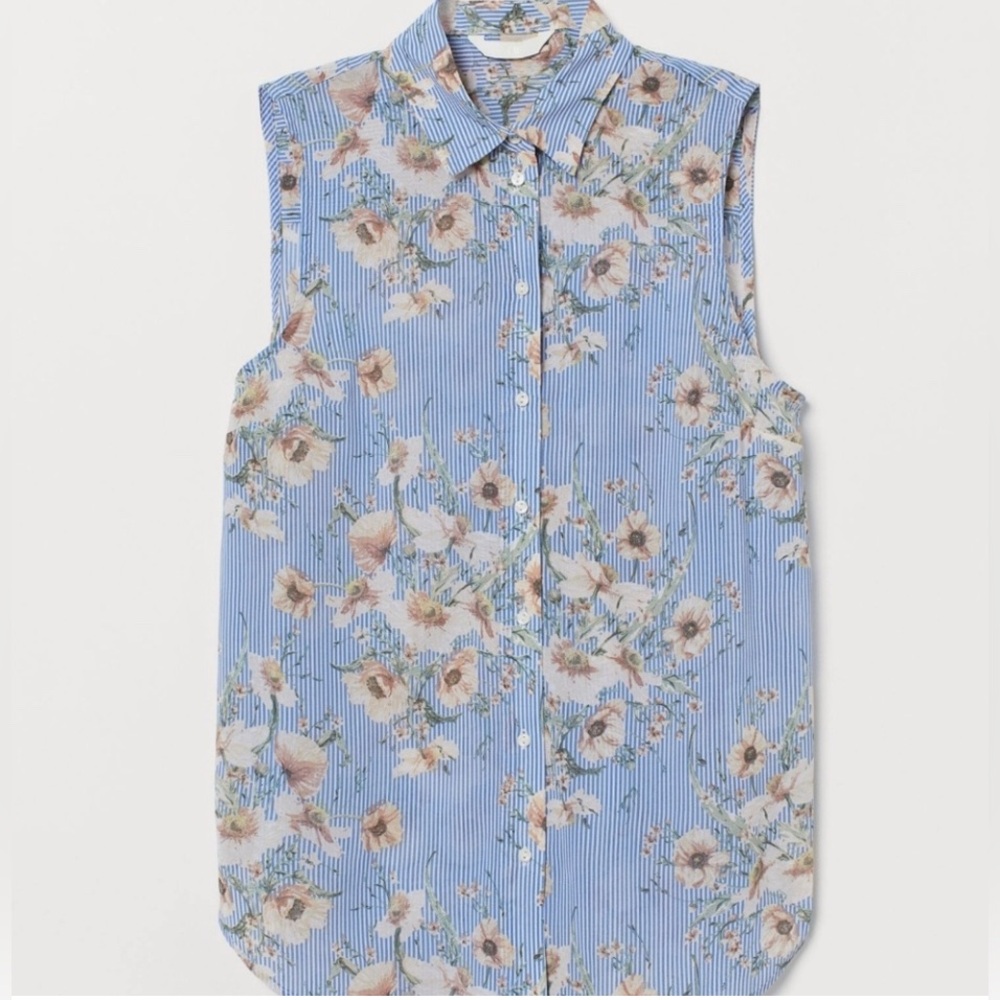 H&M Blouse Women's Sz 4 Blue/White Stripe Floral Hi Low Hem - Picture 2 of 9